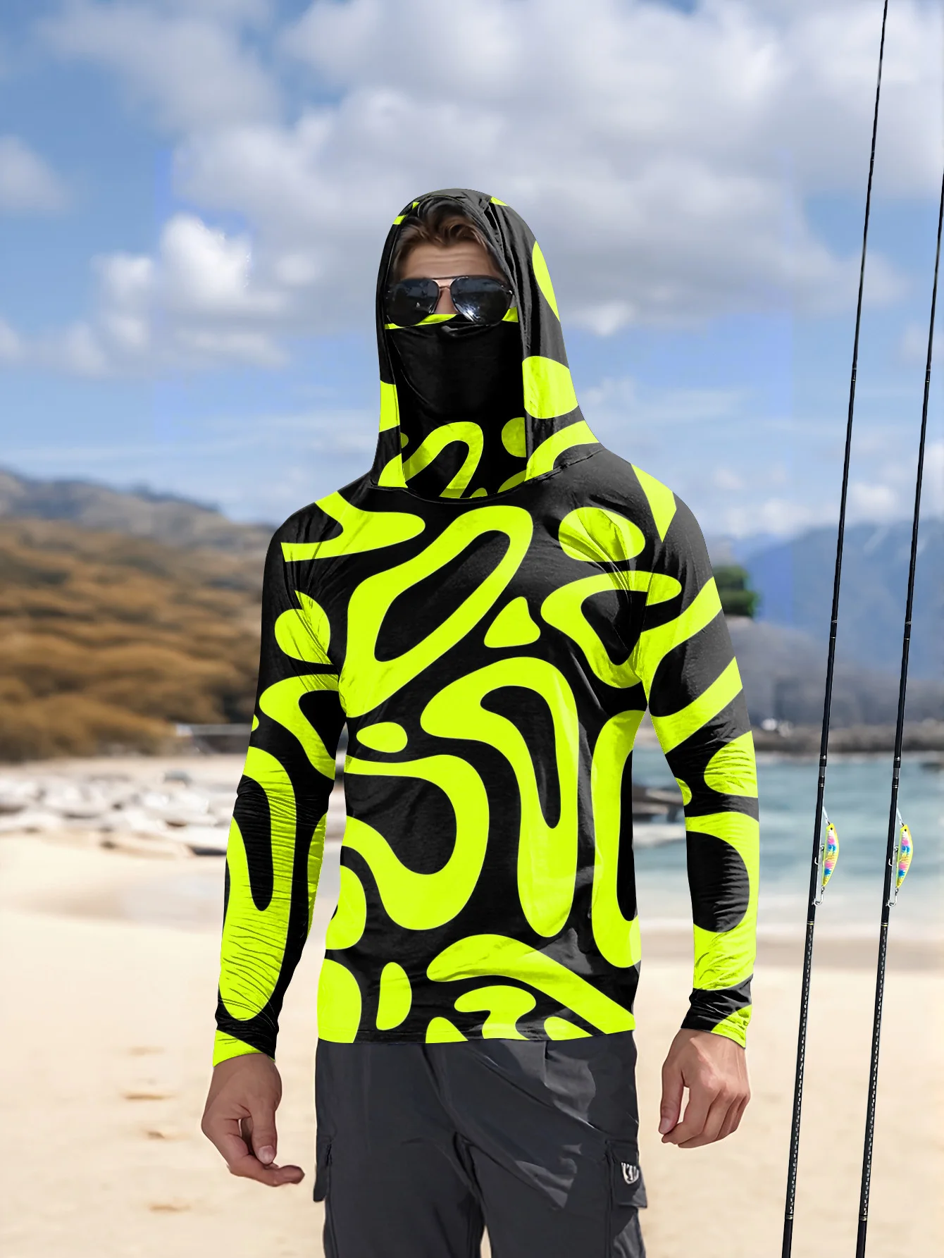 Men's Neon Green Abstract Prin - đánh giá và giá Fishing Mask Sun Protection